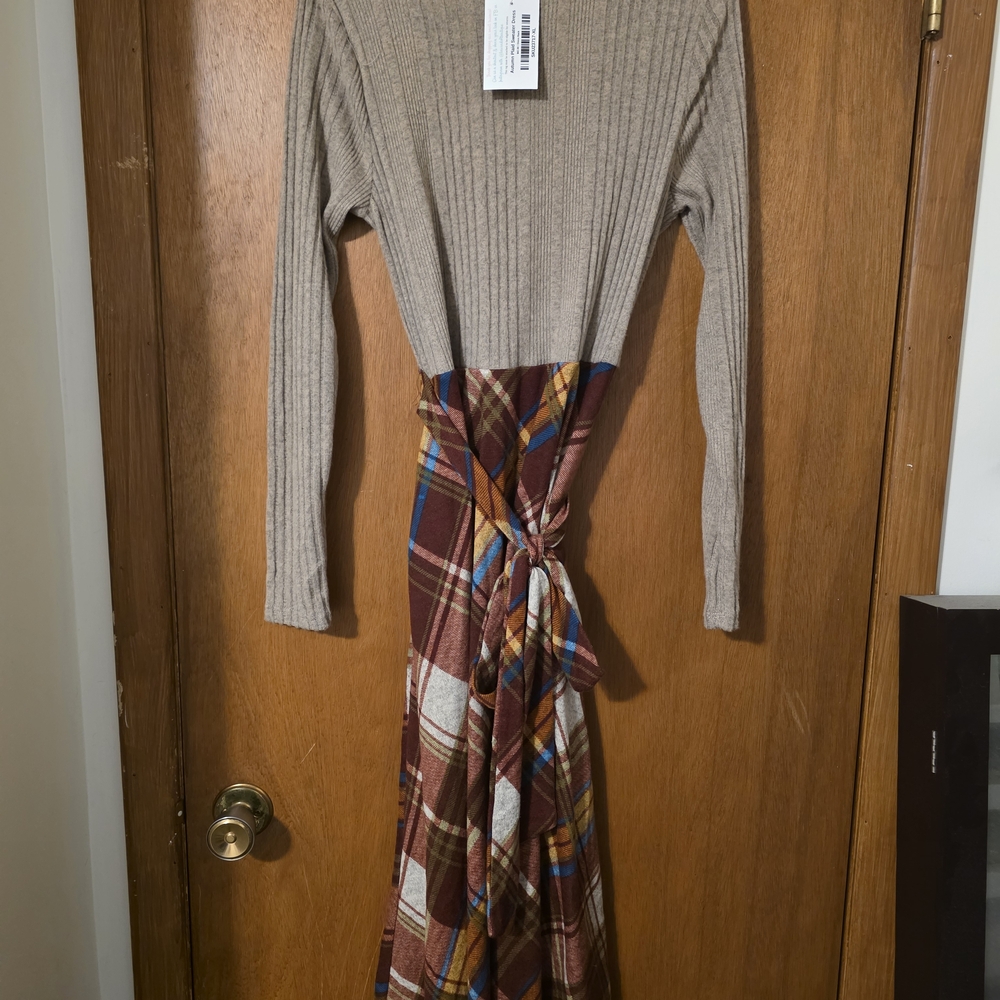 Plaid Knit Dress with Tie Waist